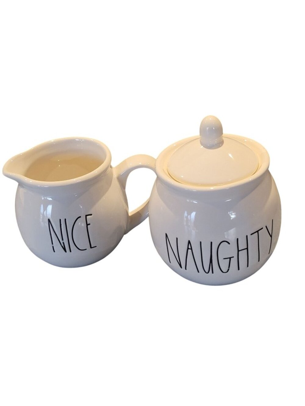 Rae Dunn Artisan Collection White Ceramic "Nice & Naughty" Creamer & Sugar Set